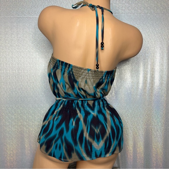 Bebe top blouse tank halter beaded neckline blue cream black belted y2k cute - Picture 9 of 11